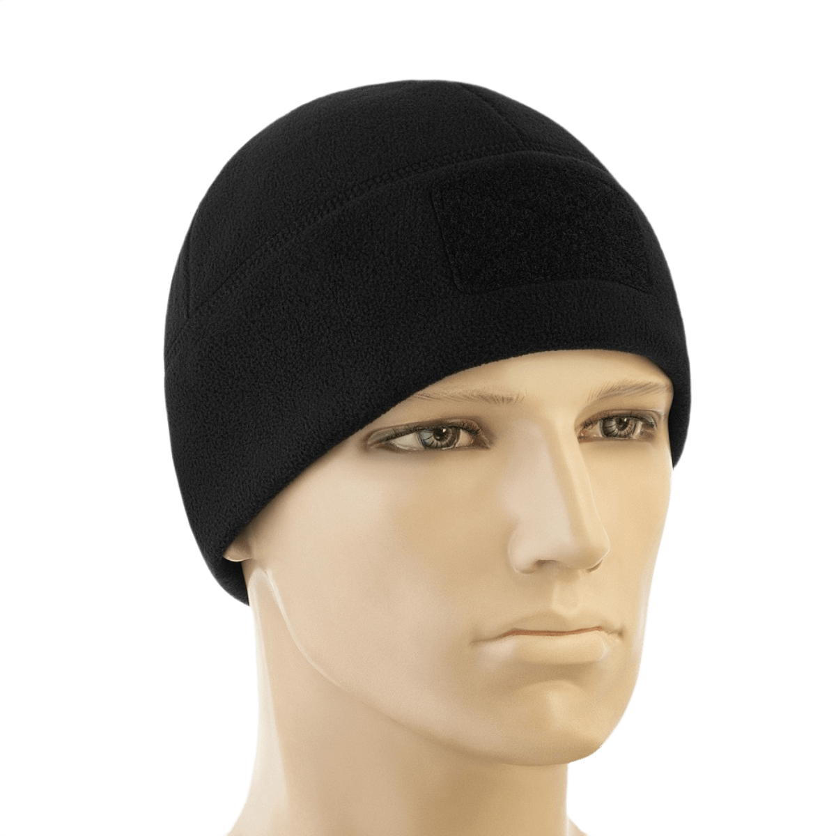 M-Tac Watch Cap Elite Fleece Beanie Hat Velcro i sort fleece på mannequinhoved, ideel til taktisk brug og vinteraktiviteter.
