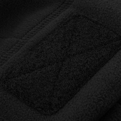 M-Tac Watch Cap Elite Fleece Beanie Hat Velcro med velcro-panel til mærker og identifikation, fremhæver detaljer i sort fleece materiale.