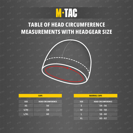 Størrelsesdiagram for M-Tac Watch Cap Elite Fleece Beanie Hat Velcro og basebalcaps, hovedomkreds i centimeter.