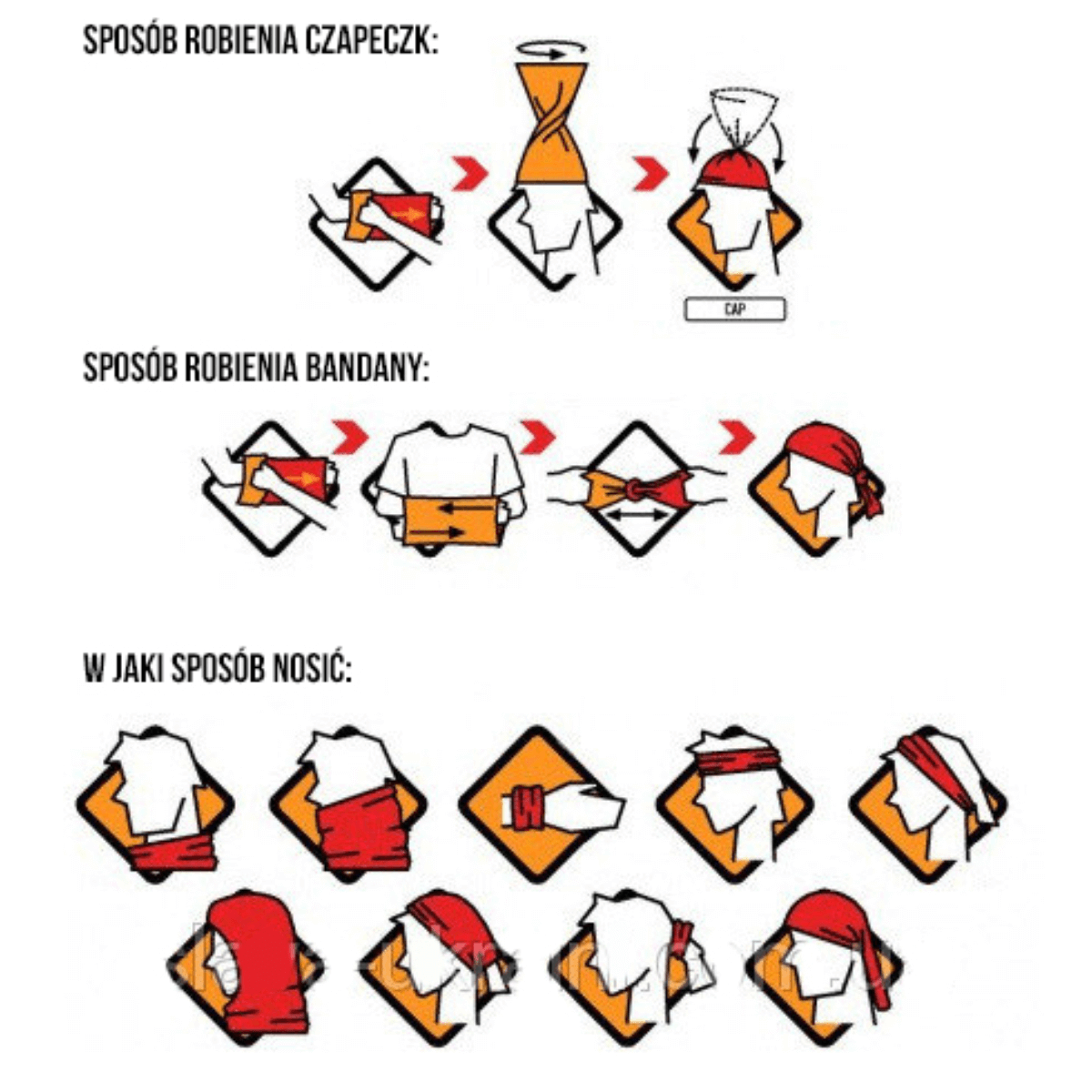 Illustration af forskellige måder at bære M-Tac Bomuld Tube Scarf, herunder som cap, bandana og flere typer hovedbeklædning.