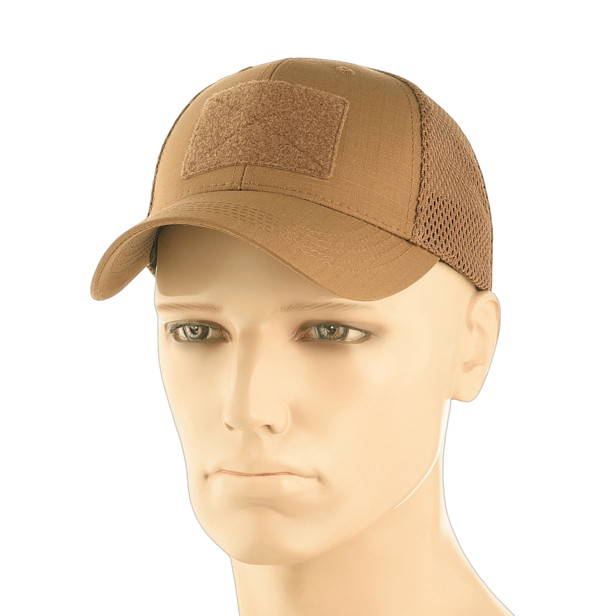 M-Tac Baseball Cap Ripstop Elite Flex i brun farve på mannequin. Ideel til udendørs aktiviteter og daglig brug.