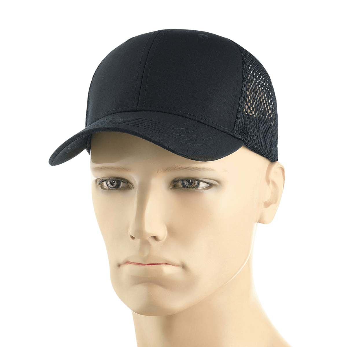M-Tac Mesh Flex Ripstop Baseball Cap med mesh-paneler, justerbar Velcro-strop på mannequin; optimal ventilation og komfort til udendørs brug.