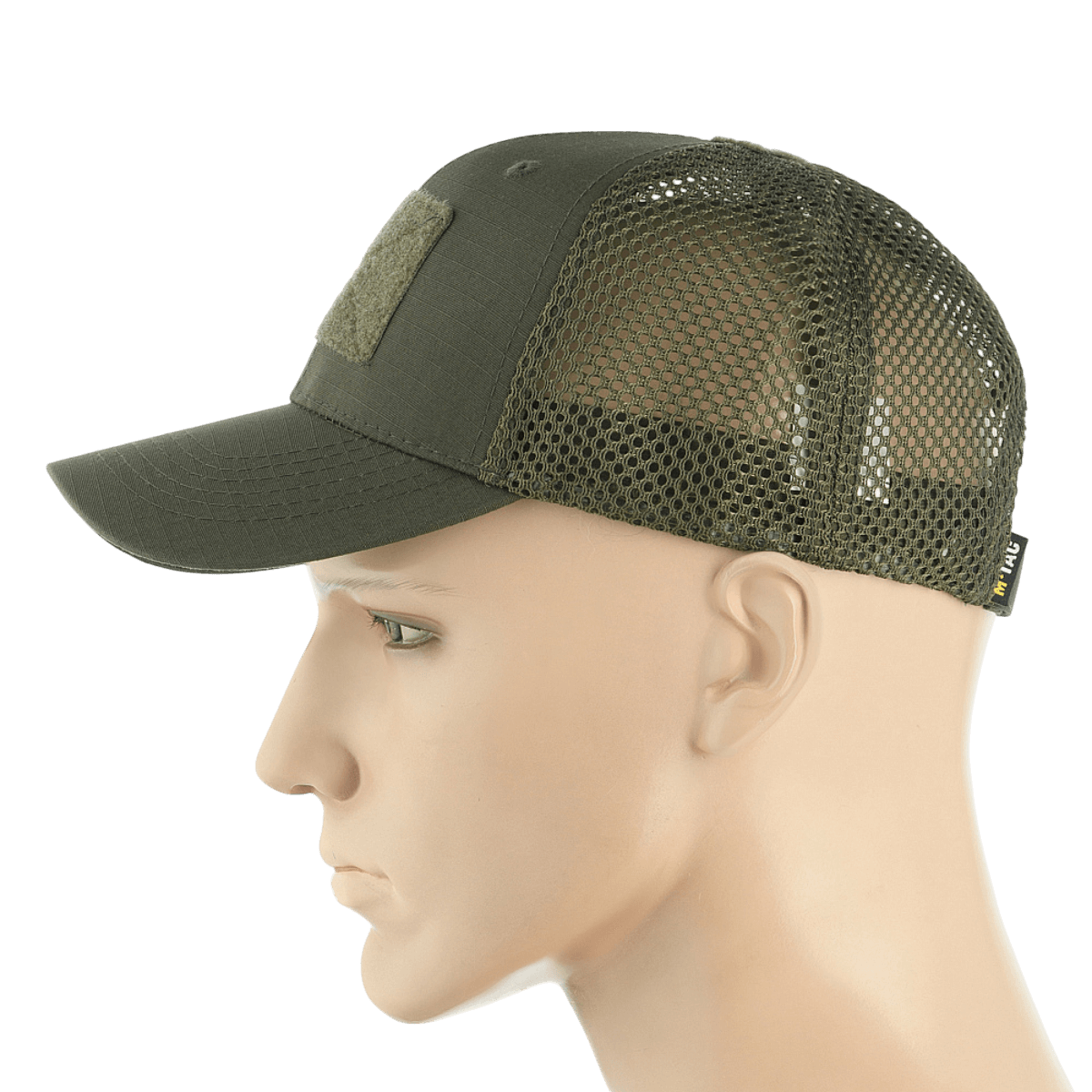 M-Tac Mesh Flex Ripstop Baseball Cap med Velcro i olivengrøn med netpaneler for optimal ventilation og komfort, set fra siden på mannequin.