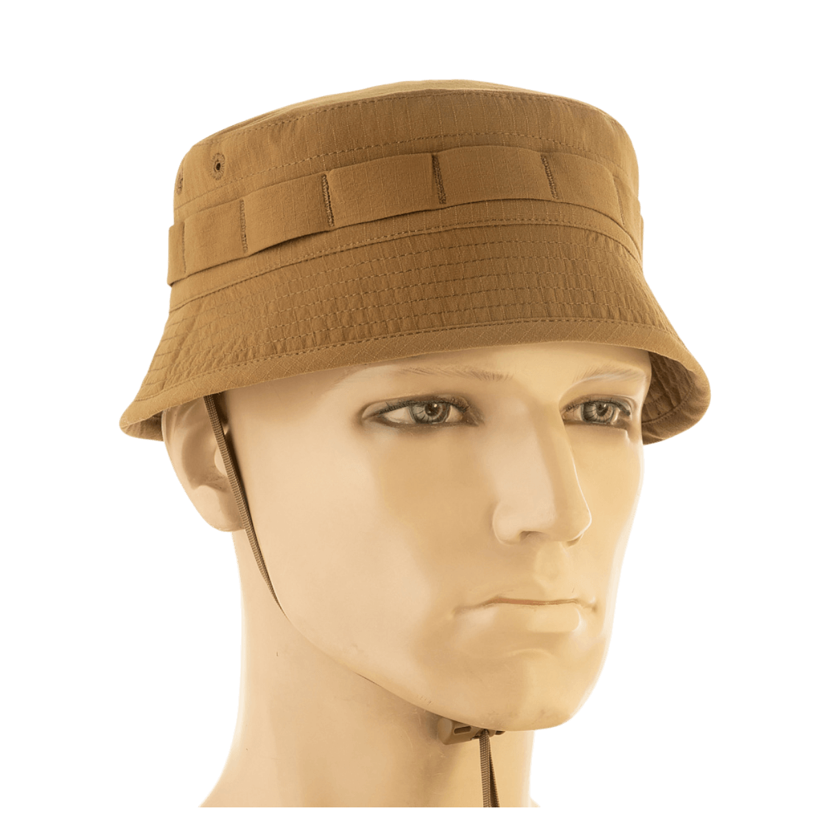 M-Tac Panamahat Gen. II Summer Flex brun hat på mannequin, let materiale, solbeskyttelse, kort skygge, ideel til varmt vejr.