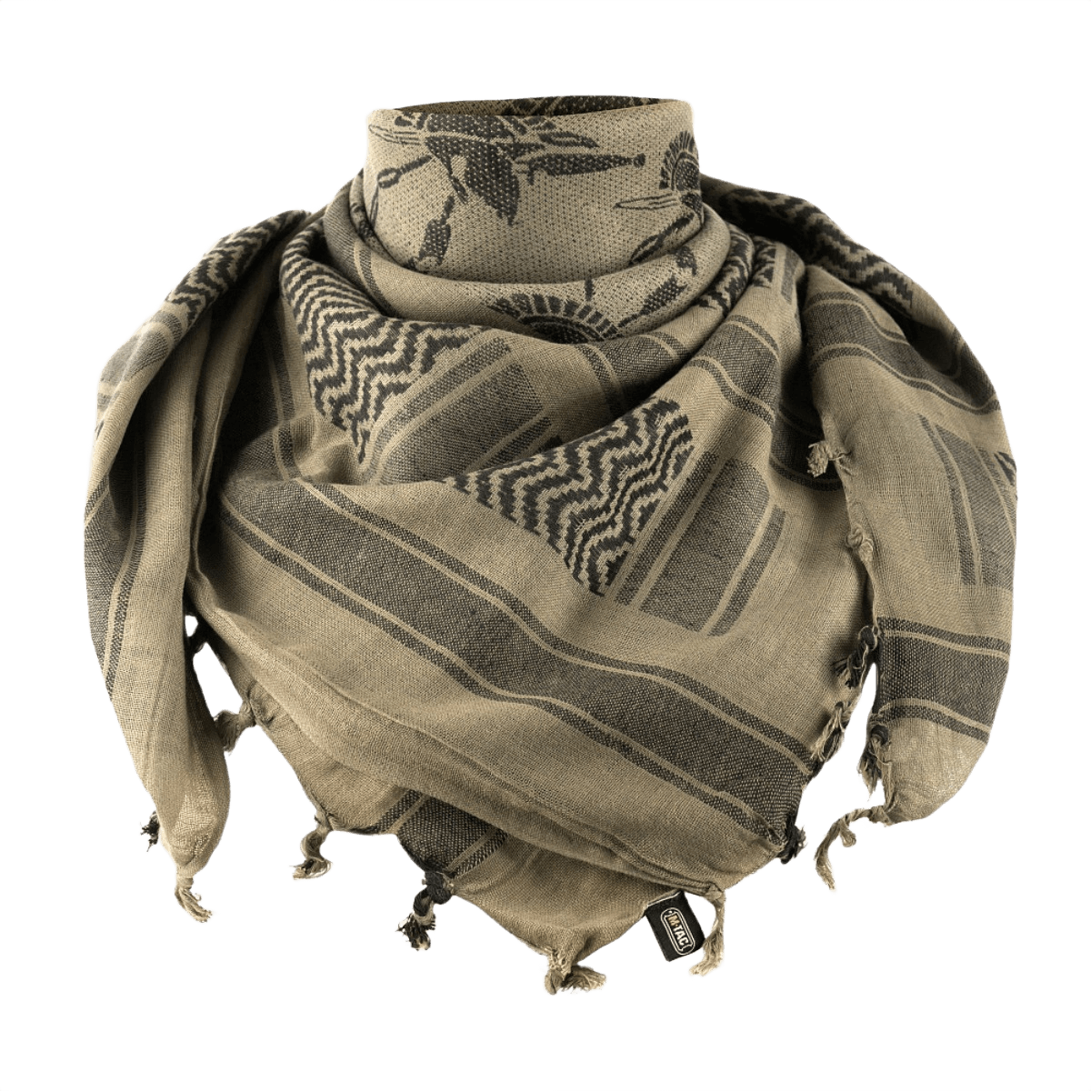 M-Tac Shemagh Tørklæde Spartan i beige med Spartans-tema, taktisk beskyttelse mod sol, sand og vind, størrelse 110 x 110 cm, bomuld