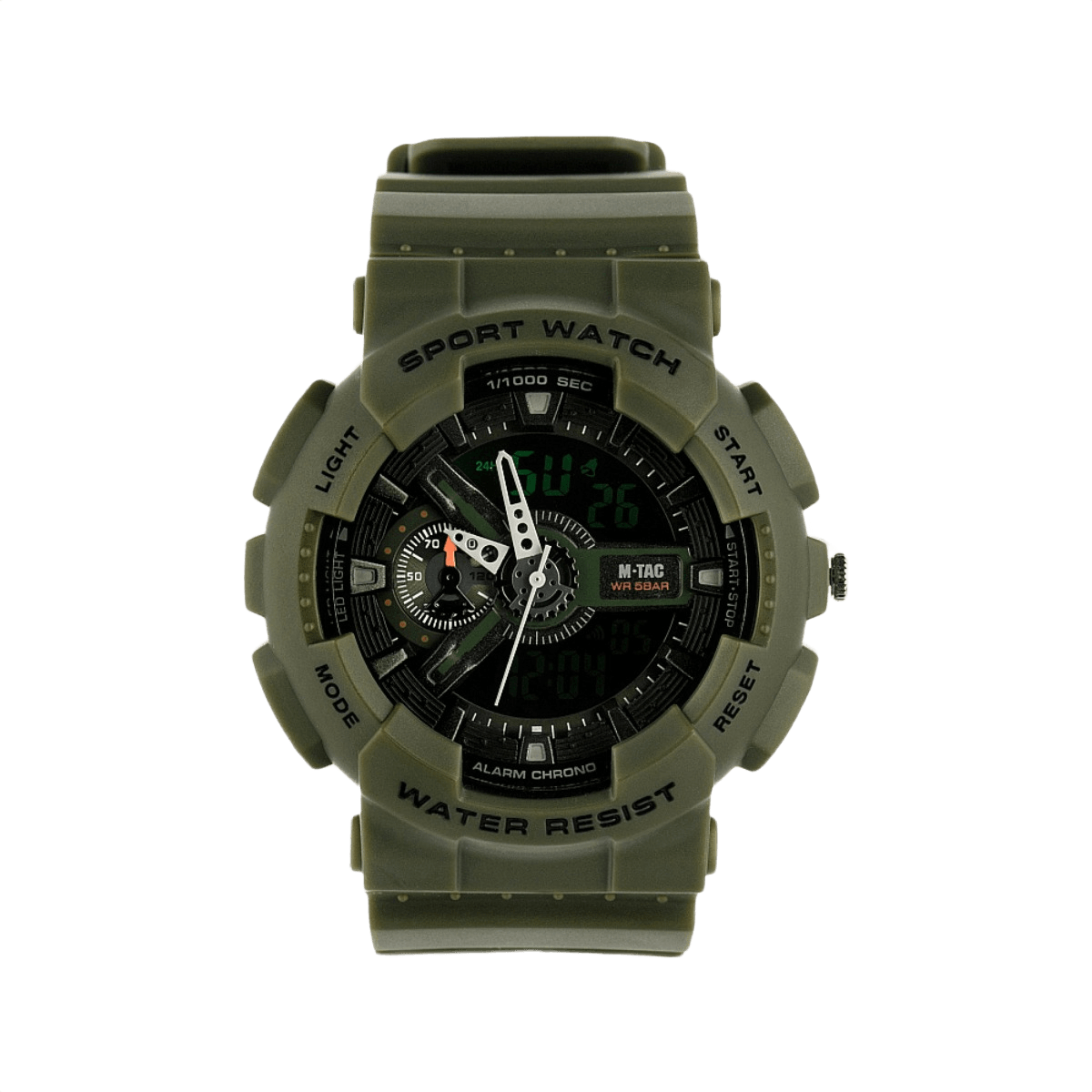 M‑Tac Sport Ur i robust polycarbonat med sort silikonerem, stopur, alarm, LED-baggrundsbelysning og vandafvisende funktionalitet.