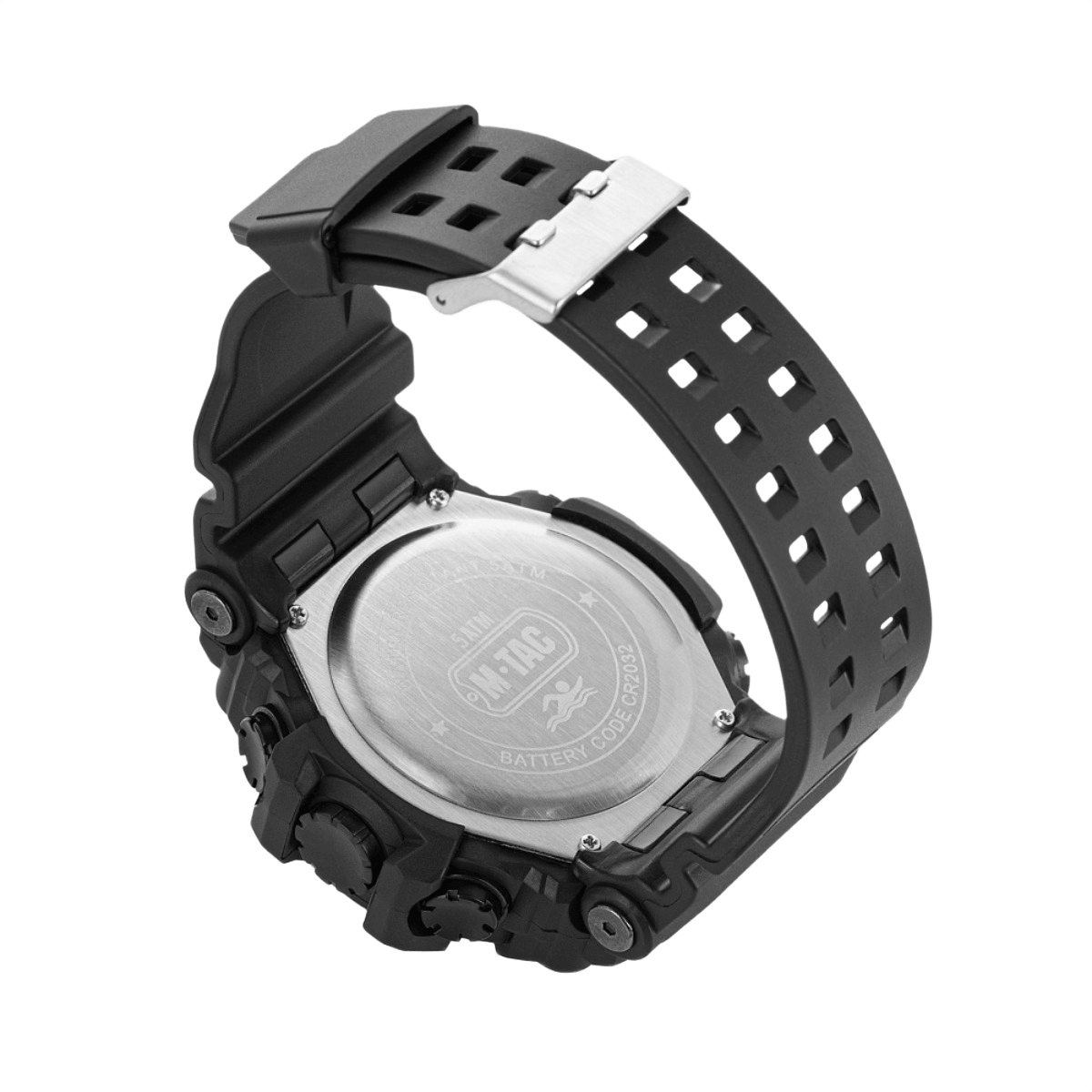 M-Tac Tactical Ur 2037 med robust design og stålbagcover, vandmodstand 5ATM, set bagfra med justerbar sort rem.