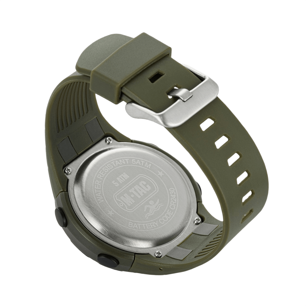 M-Tac Tactical Ur 2166 med stålbagcover, ABS-plastikrem og funktioner som 5ATM vandmodstand og CR2430 batterikode