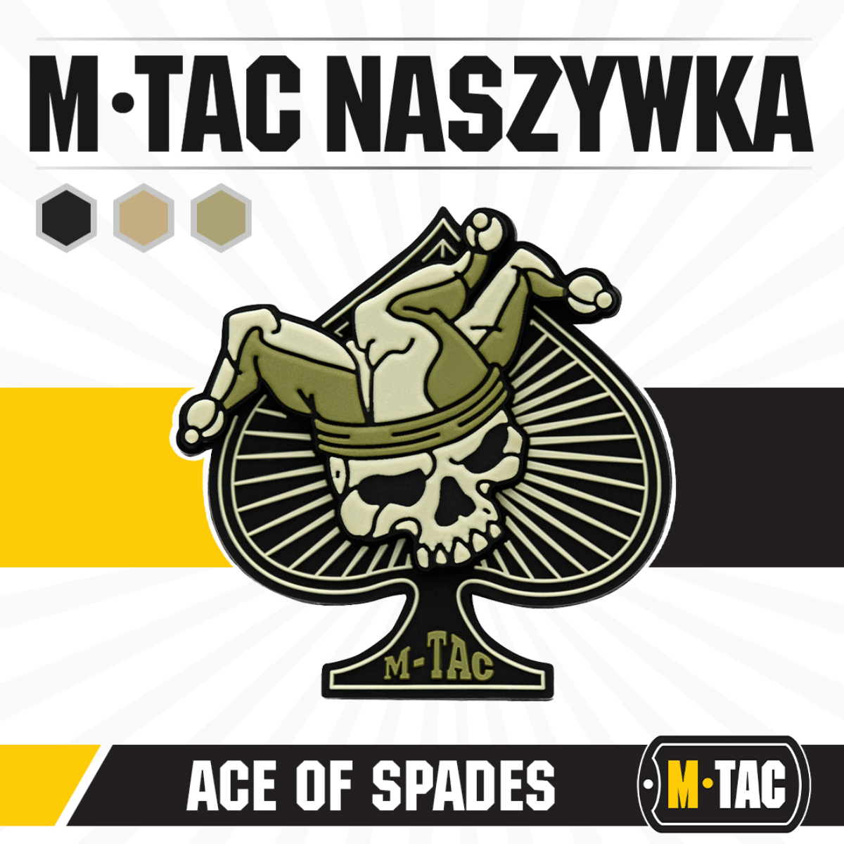 M-Tac Ace of Spades 3D PVC Patch med dødningehoveddesign, velegnet til taktisk brug, fastgøres med Velcro, robust PVC materiale.