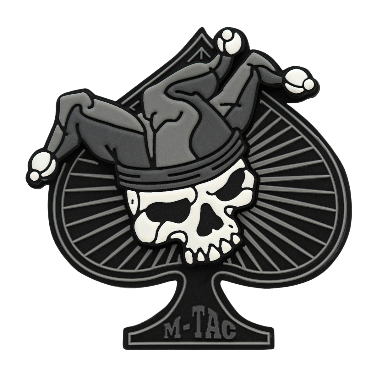 M-Tac Ace of Spades 3D PVC Patch med dødningehoved, velegnet til taktiske formål, fastgøres med Velcro, ideel til outdoor-aktiviteter.
