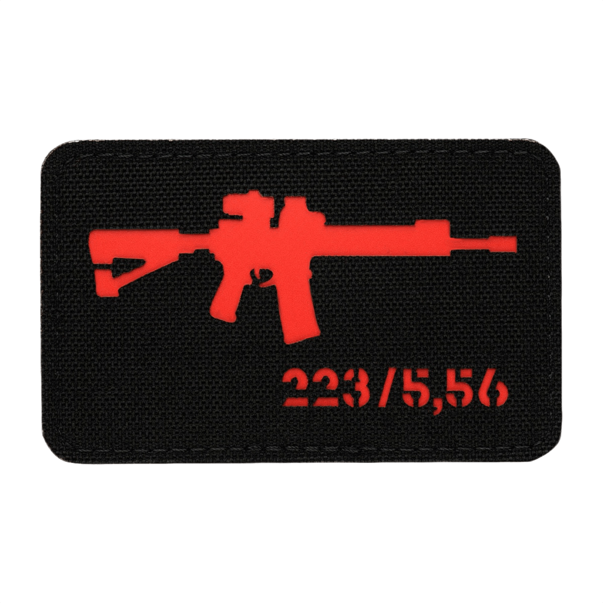 M-Tac AR-15 223/5,56 Laser Cut Patch med Velcro på sort Cordura baggrund, designet til militær og outdoor brug, 80 x 50 mm.