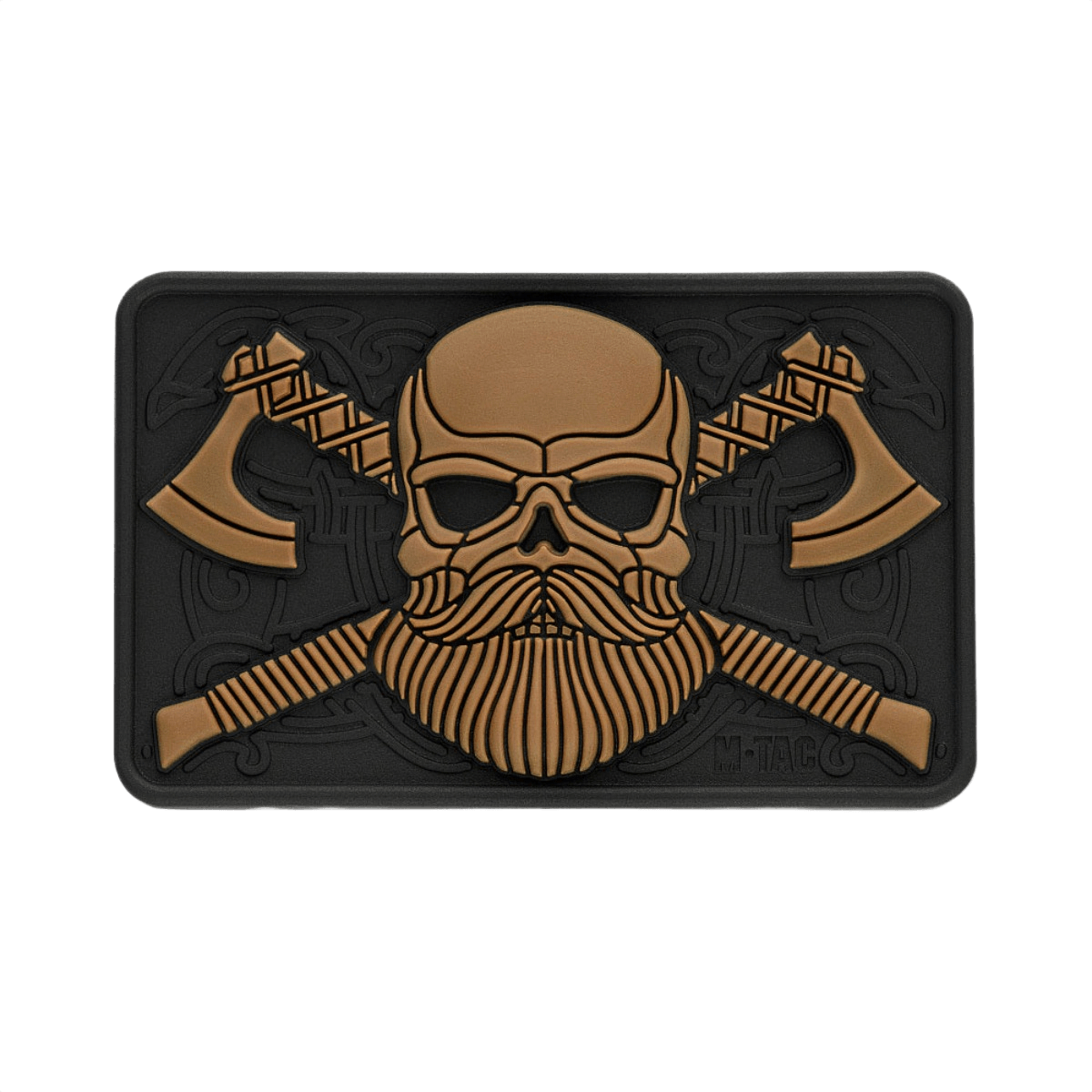 M-Tac Bearded Skull 3D PVC Patch med 3D skægget design og to krydsede økser i slidstærkt PVC-gummi til taktisk brug og udendørs aktiviteter.