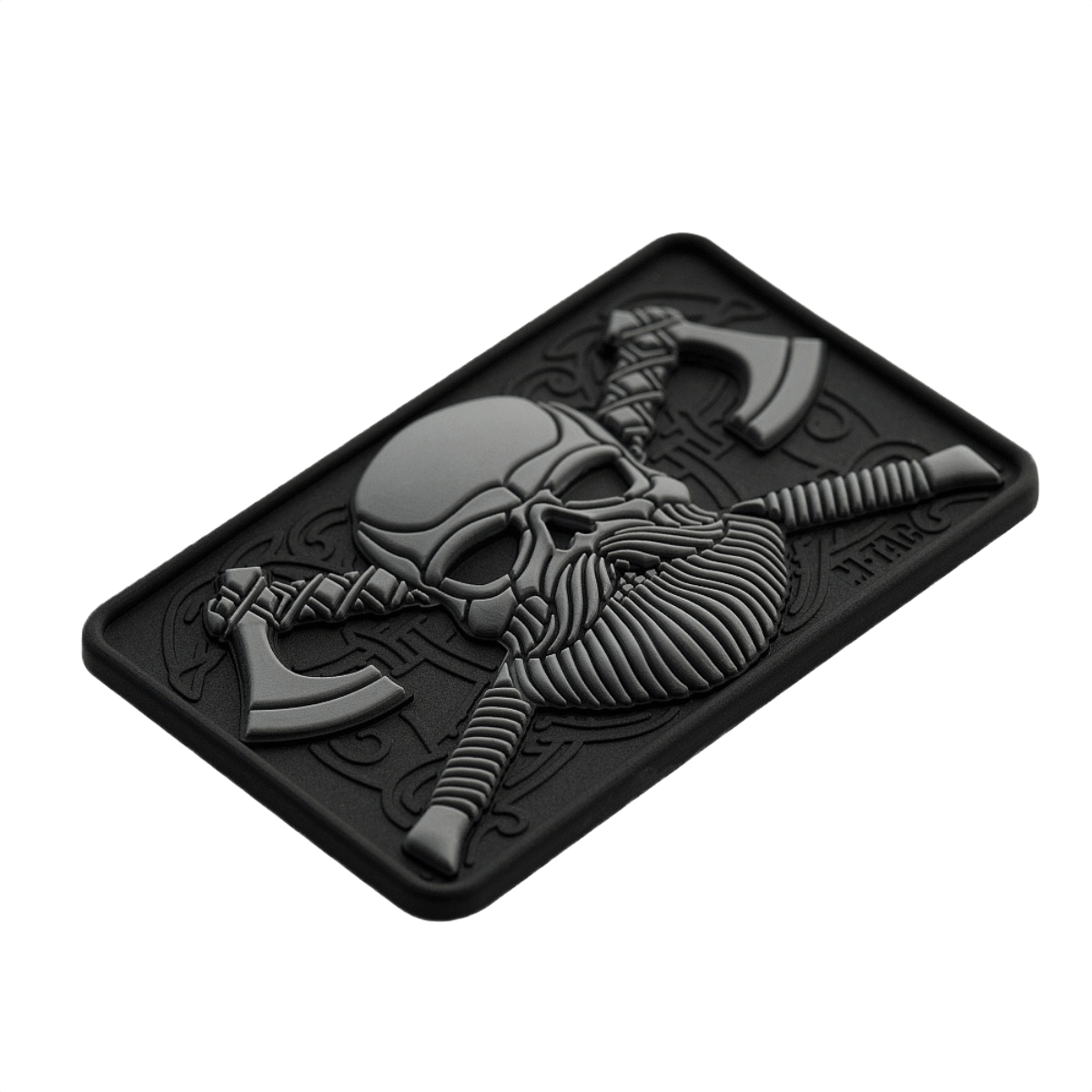 M-Tac Bearded Skull 3D PVC Patch i sort med skægget kranium design, velegnet til taktisk brug og nem fastgørelse med Velcro hook.