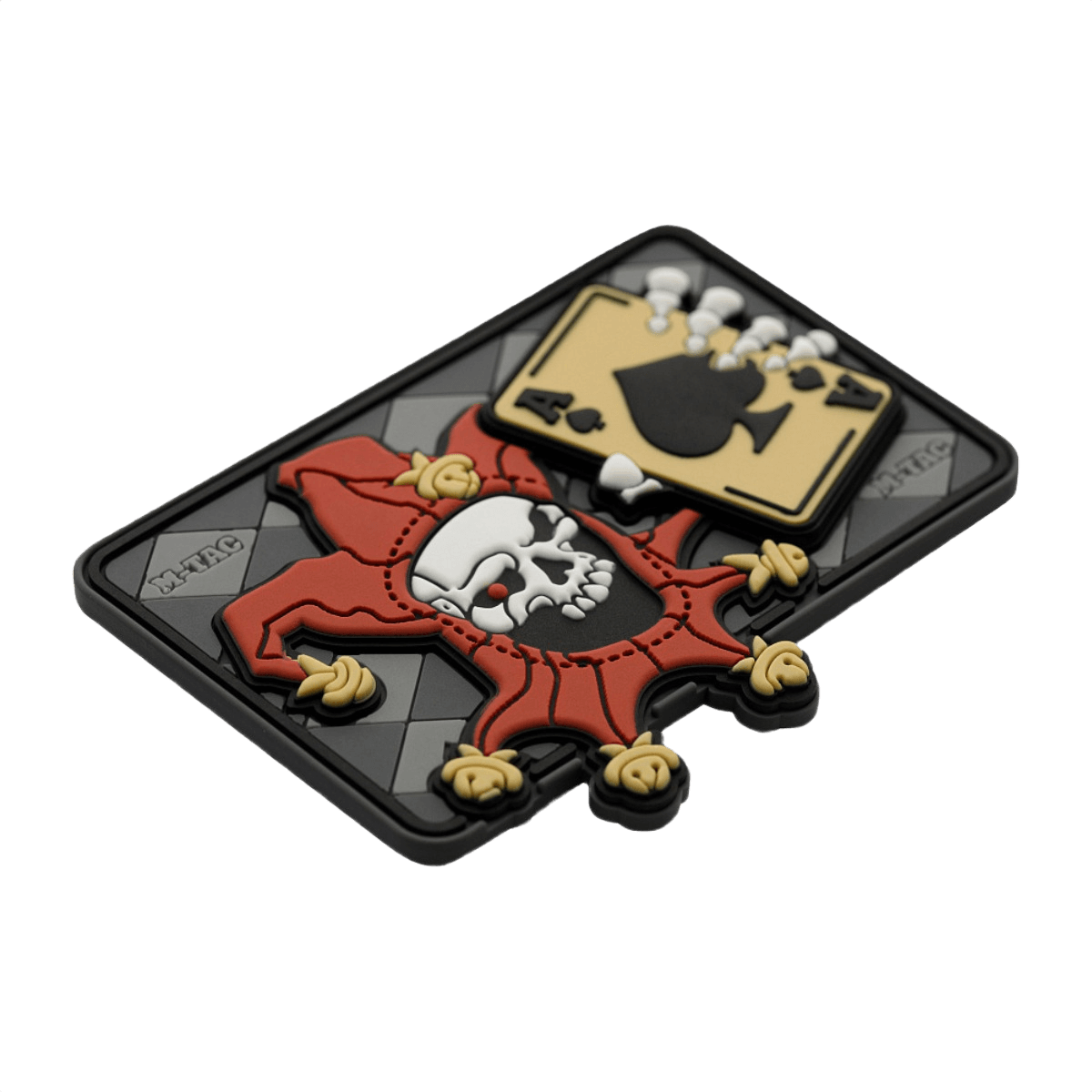 M-Tac Patch Joker Skull 3D PVC, taktisk morale patch med joker og dødskort, lavet af PVC med 3D-effekt og velcro til fastgørelse, 78x55mm.