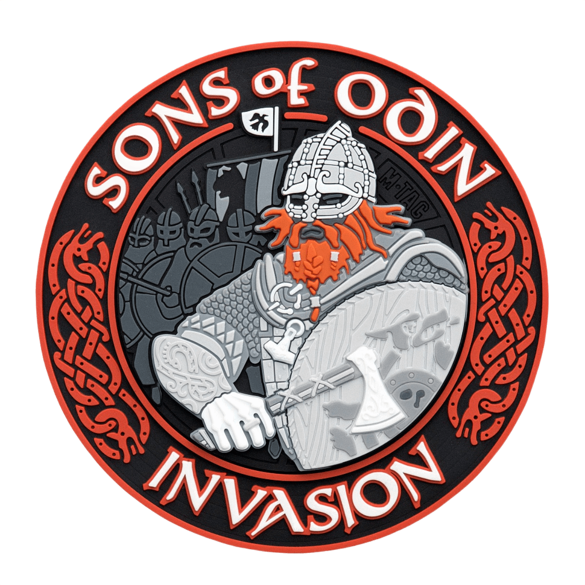 M-Tac Patch Sons of Odin 3D Velcro taktisk patch med motiv af en viking, rød og sort design, 3D-effekt, til uniform eller udstyr.