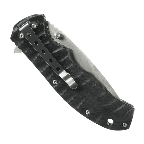 M-Tac Outdoor & Militär fällkniv - Type 8 med kromat rostfritt stålblad och Clip Point-form, sedd i stängt läge med designat handtag.