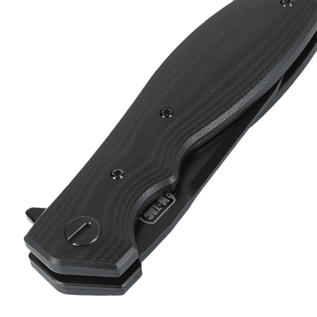 M-Tac Outdoor & Militär fällkniv - Type 6 med svart G10-komposithandtag, ihopfälld vy.