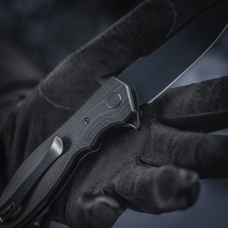 M-Tac Outdoor & Militär fällkniv - Type 6 med svart G10-komposithandtag och kromat rostfritt stålblad i taktisk stil.