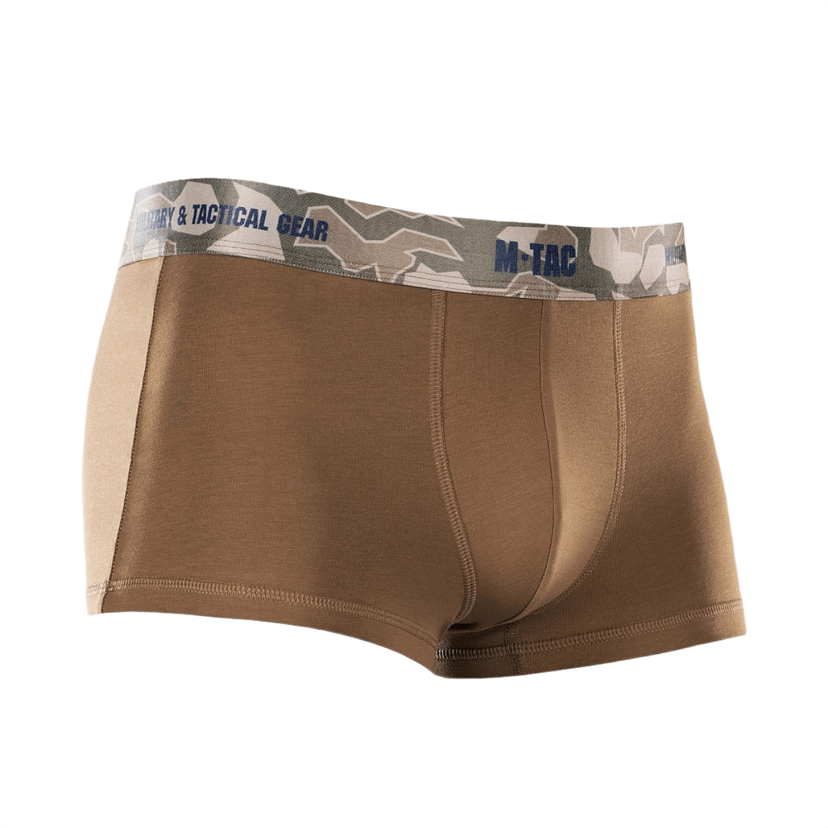 M-Tac Herre Boxer 93/7 i brun med camouflage elastik, anatomisk pasform, 93% bomuld, 7% elastan, velegnet til aktiv livsstil.