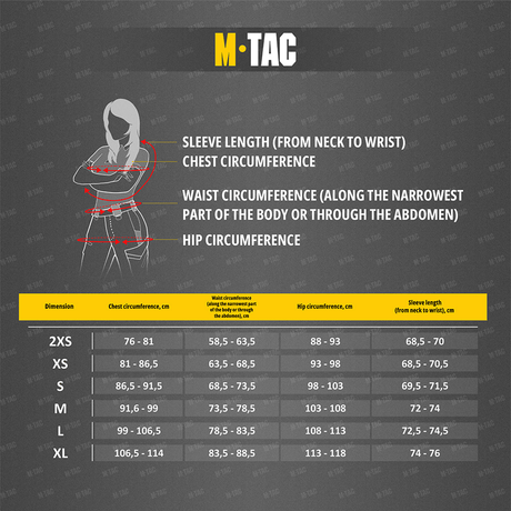 Størrelsesguide for M-Tac Delta Polartec Fleecejakke Dame med måloversigt for ærmelængde, bryst-, talje- og hofteomkreds.
