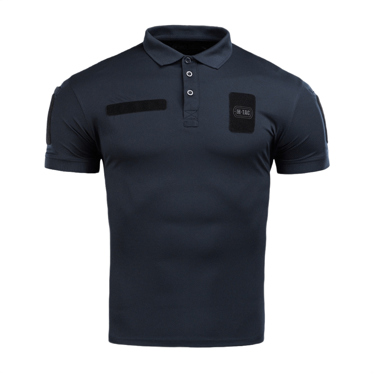 M-Tac Polo Elite Tactical Coolmax i mørkeblå, designet til politi og sikkerhedsarbejde, lavet af 50% polyester og 50% Coolmax® materialer.