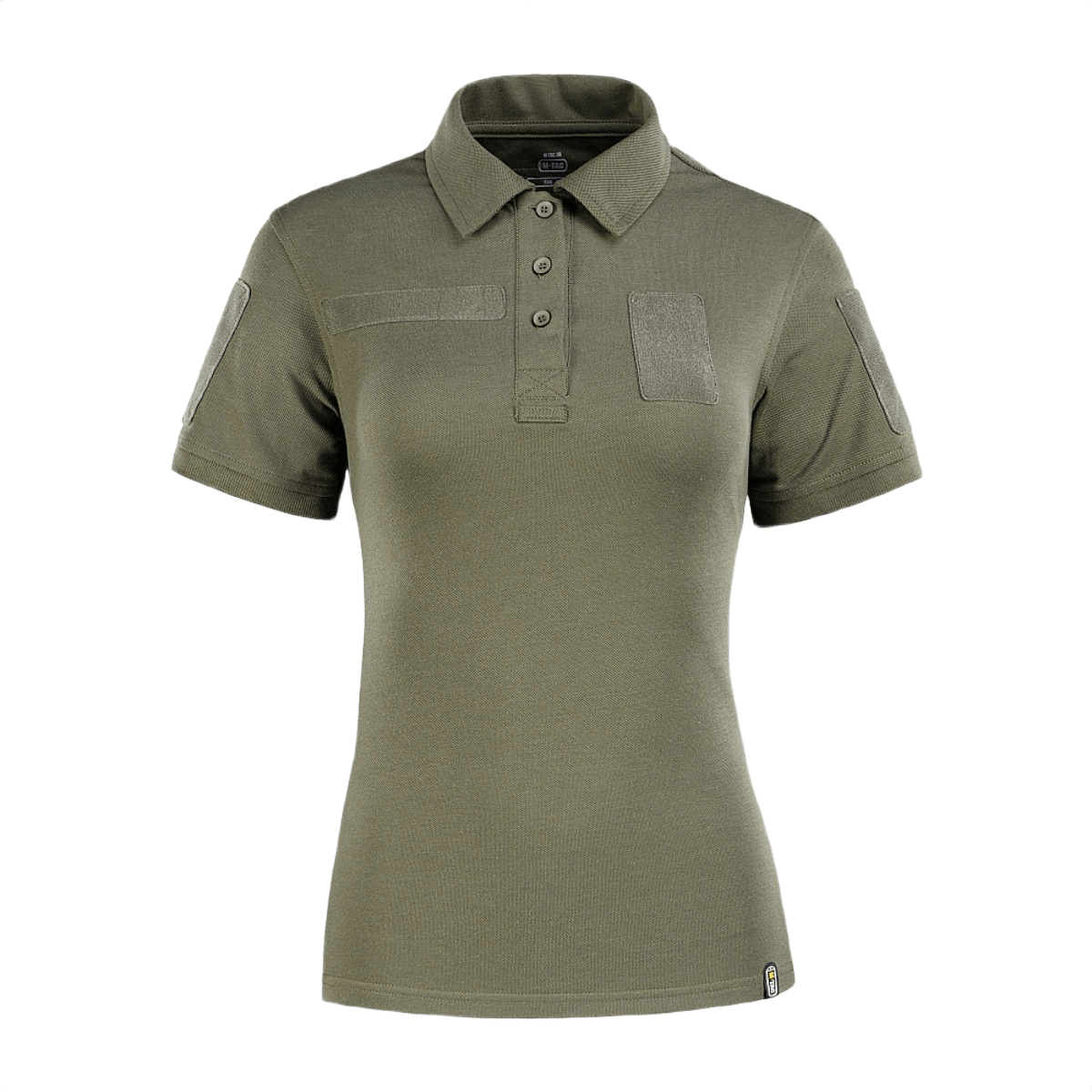 M-Tac Tactical Polo-Shirt 65/35 Lady i olivengrøn, kvindelig pasform med velcro på ærmer og bryst til mærker og ID.