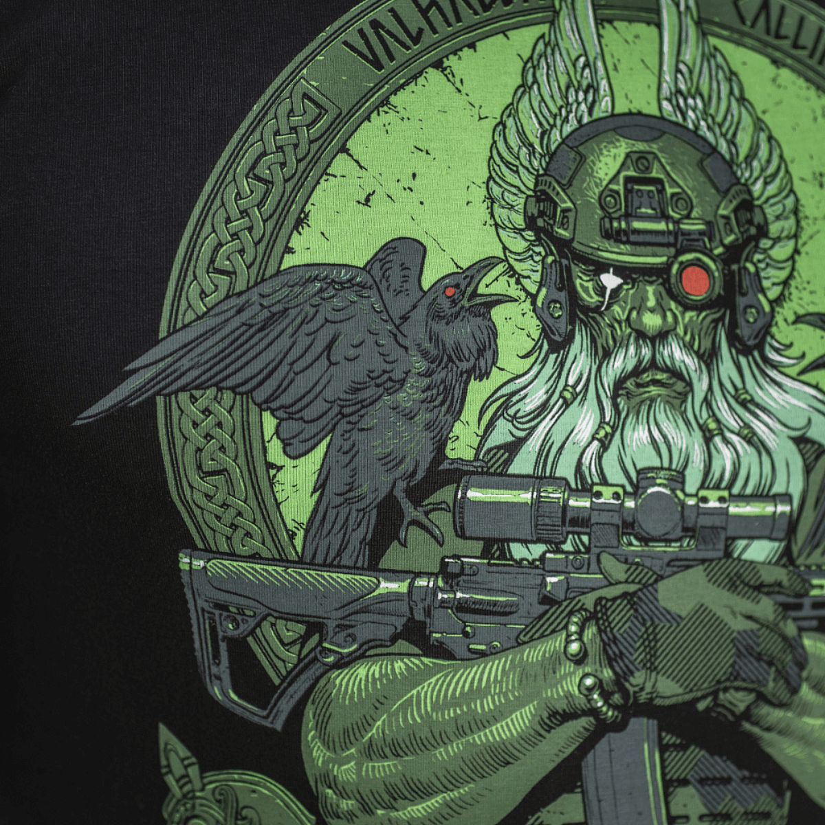 M-Tac T-Shirt Night Vision med print af Odin i kampudstyr med NVG-hjelm, ledsaget af ravne Hugin og Munin, og teksten "Valhalla Calling".