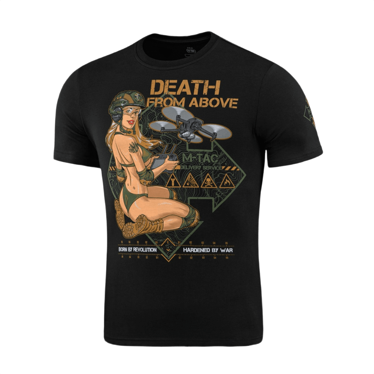 M-Tac T-Shirt Mavic Delivery Service inspireret af WWII Pin-Up-kultur med print af Pin-Up pige med drone og FPV-briller.