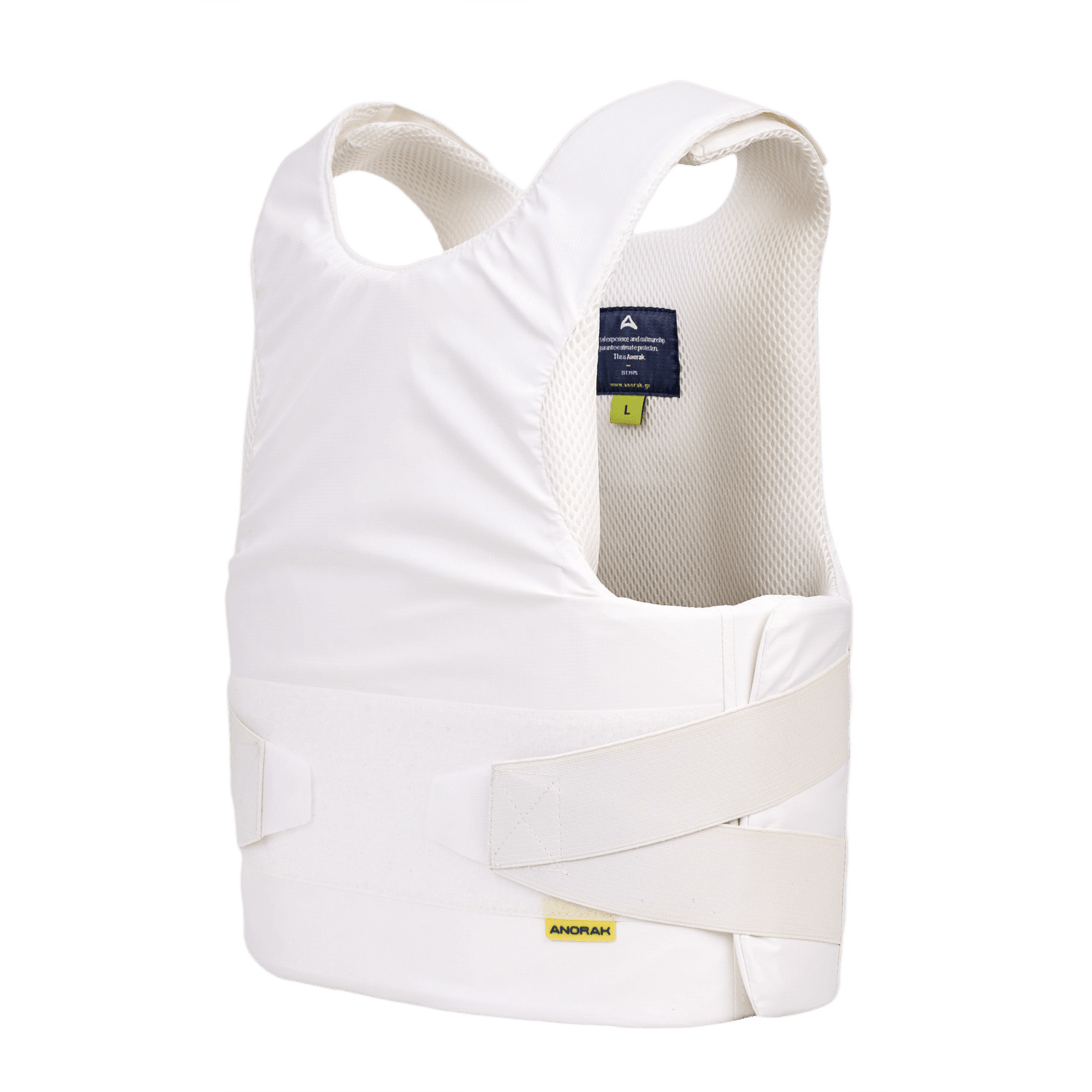 Anorak Titanium® Concealable III Stik & Skudsikker Vest niveau IIIA beskyttelse, designet til at bæres under tøj, hvid farve.