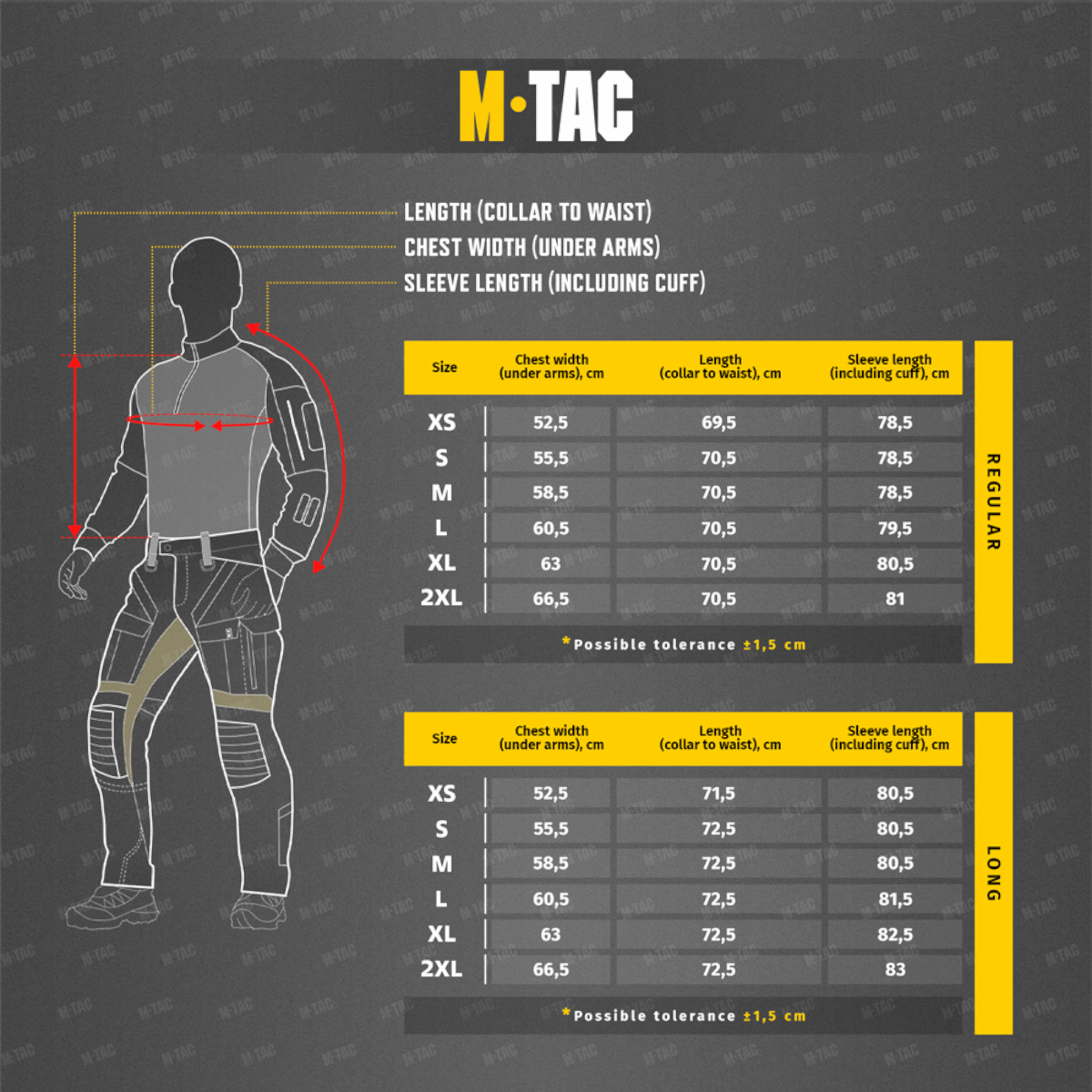 Størrelsesguide for M-Tac Combat Fleece Jakke med mål i cm.
