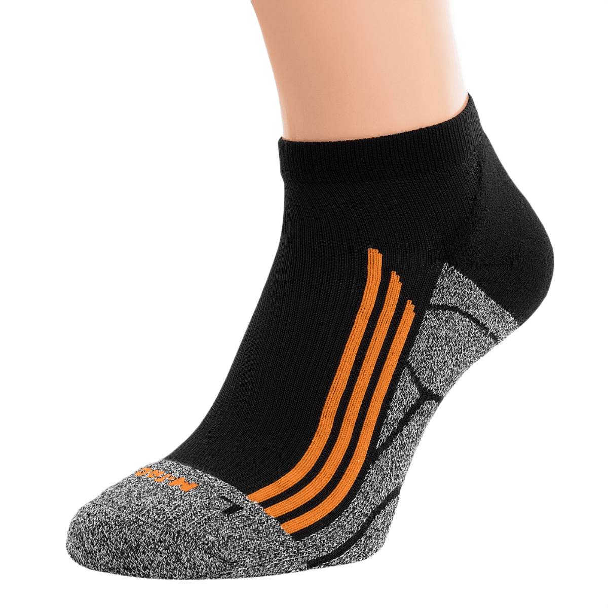 M-Tac Coolmax 35% Sokker Outdoor i sort med orange striber, designet til maksimal komfort og holdbarhed til udendørs brug.