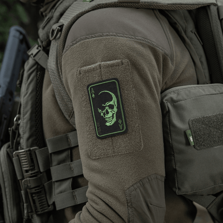 M-Tac Patch Face of War (Broderi) i broderad Cordura 500D på jacka, med kraniemotiv och Velcro-stängning, 8.5 x 5.2 cm, stil från Vietnamkriget.