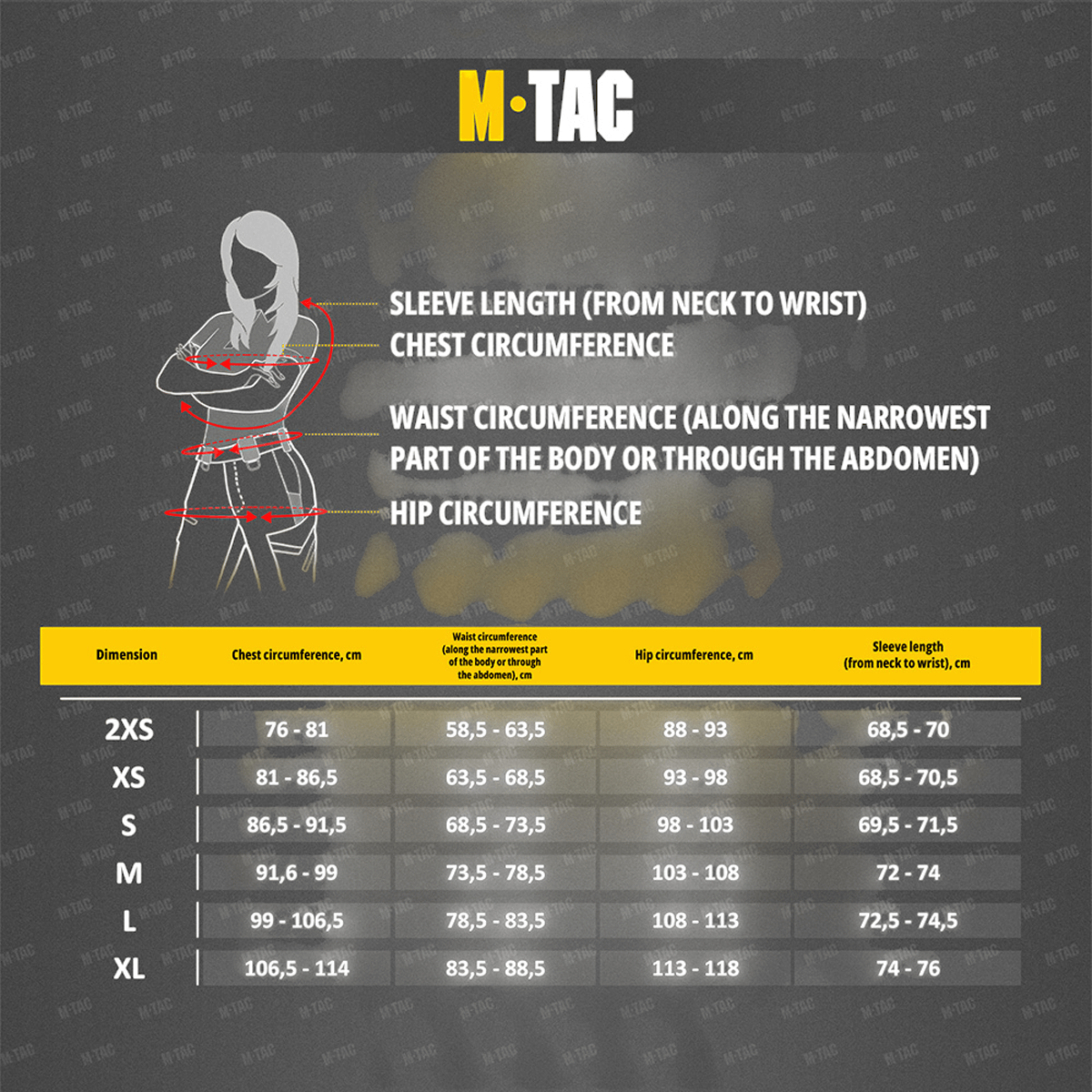 M-Tac Combat Fleece Jakke Polartec Dame størrelsesguide illustrerer kvindespecifik tilpasning med bryst-, talje- og hoftemål på engelsk.