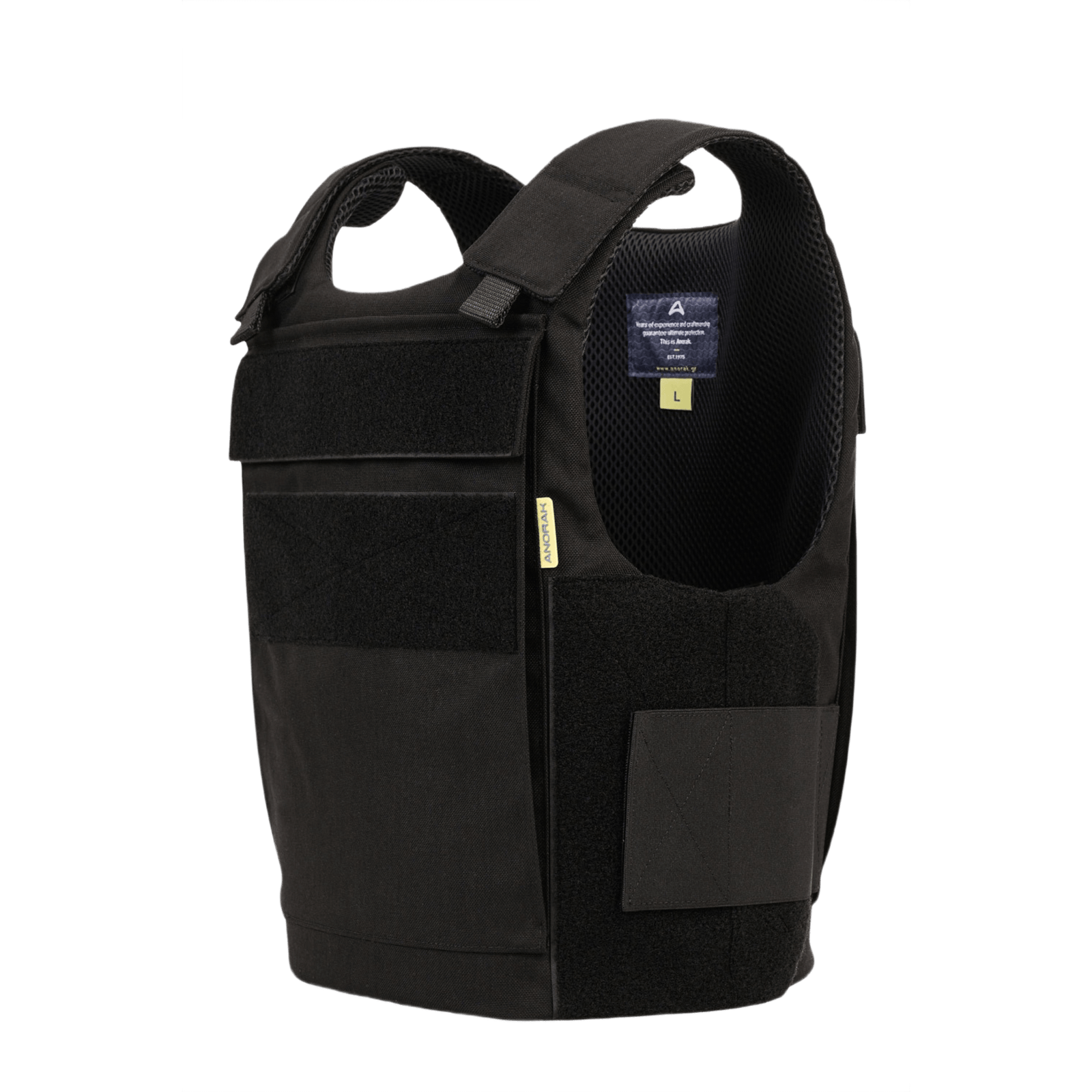 Anorak Chromium® Duty III Skudsikker Vest med Level IIIA beskyttelse og letvægtsdesign i sort stof set fra siden.