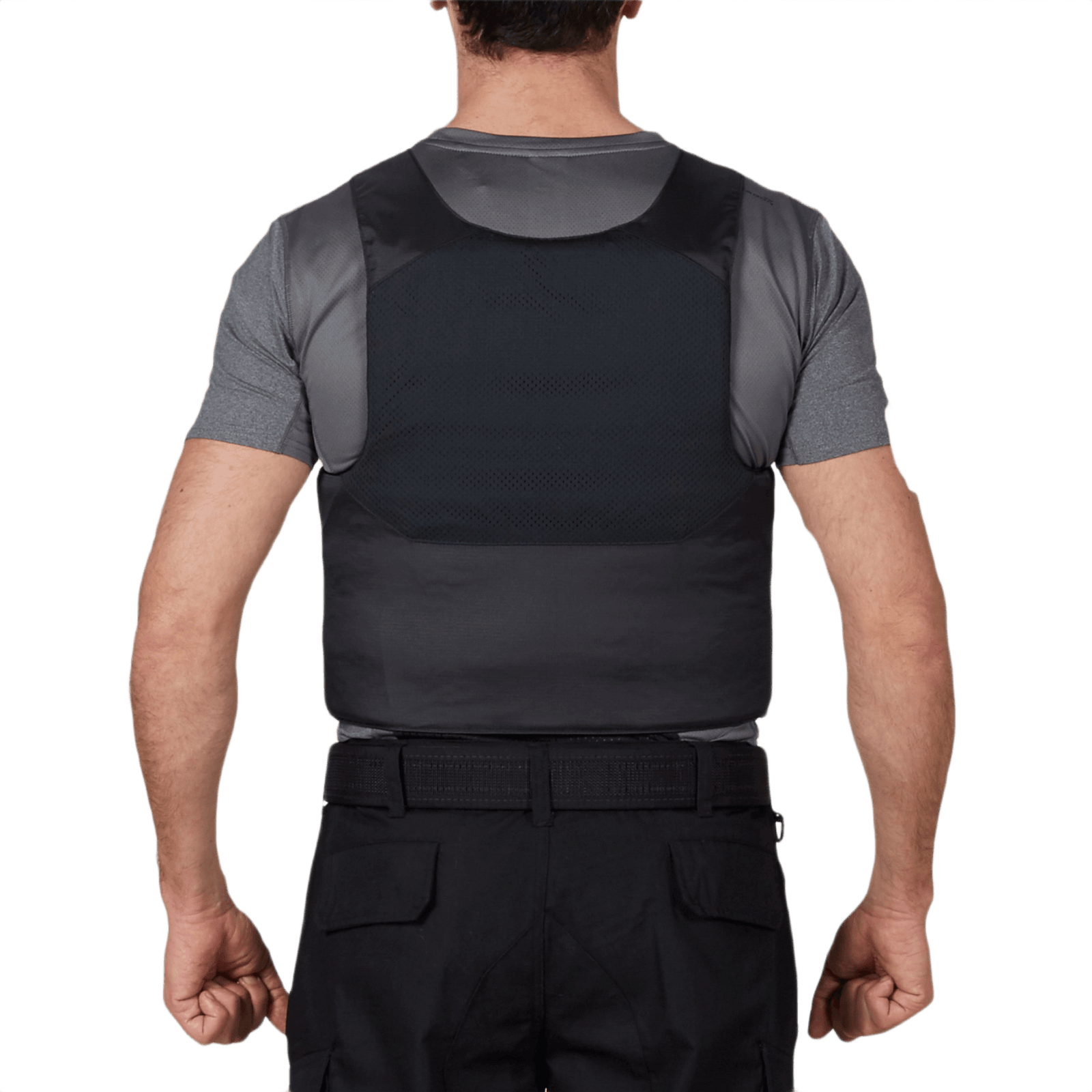 Bagfra visning af Anorak Concealable I Cover under gråt t-shirt for skjult beskyttelse med lav profil og komfortabelt design.