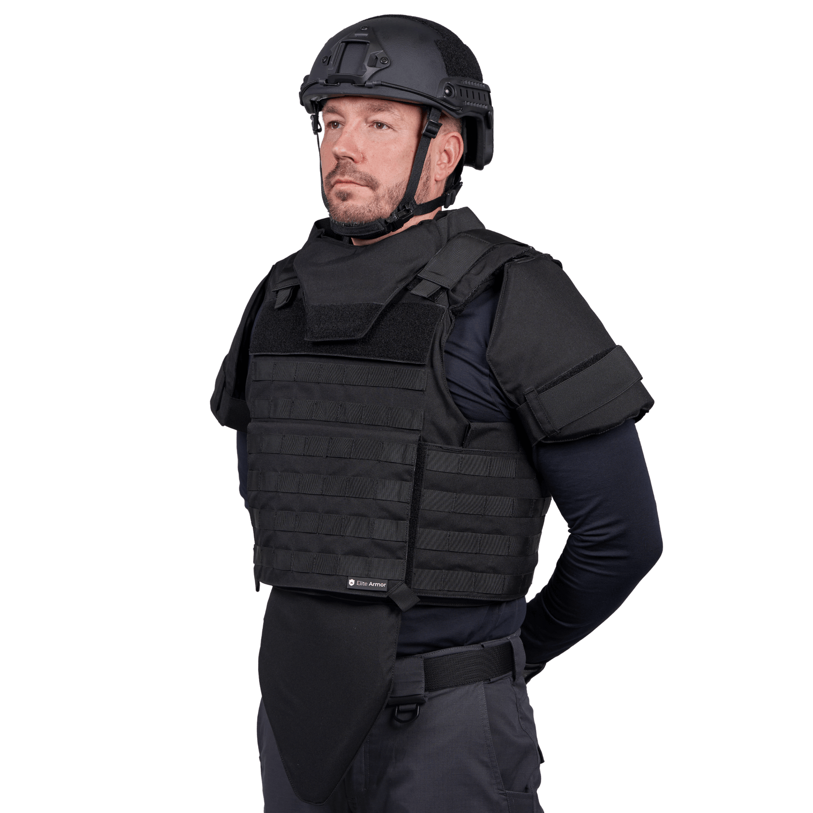 EA Combat Skud & Stiksikker Vest i sort med NIJ Level IIIA certificering, modulært design og beskyttelse, galleri position 1 på model.