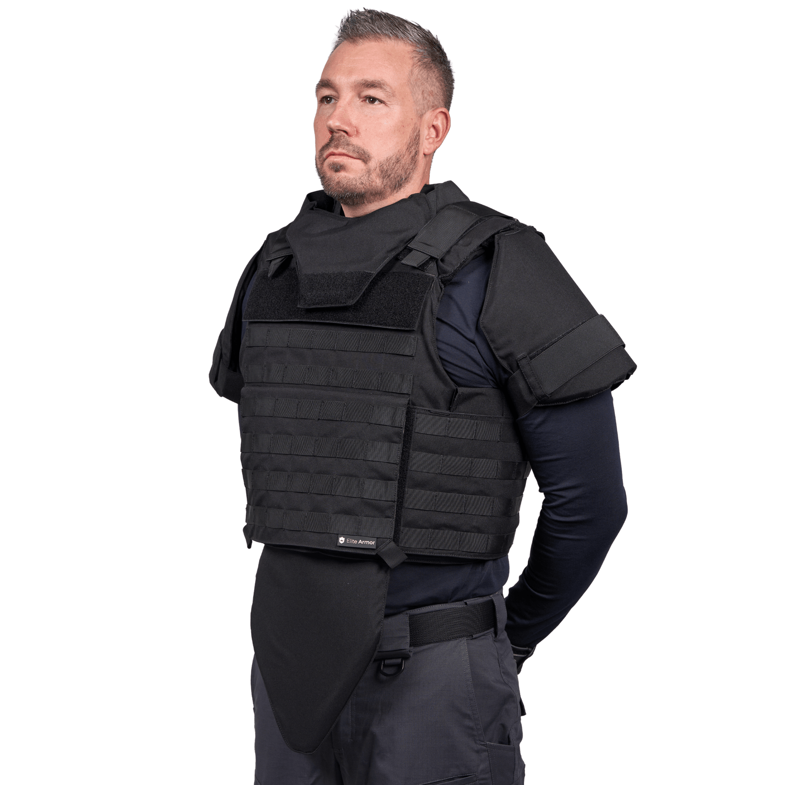 EA Combat Skud & Stiksikker Vest i sort med NIJ Level IIIA certificering, modulært design og beskyttelse i galleri position 1.