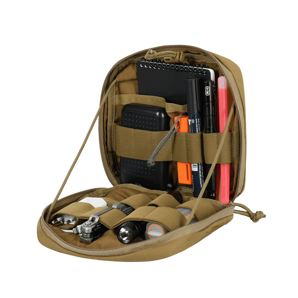M-Tac organizer pouch Elite i sandfarve med plads til førstehjælpsudstyr, EDC-udstyr og nødudstyr, fastgjort med M.O.L.L.E.-systemet.