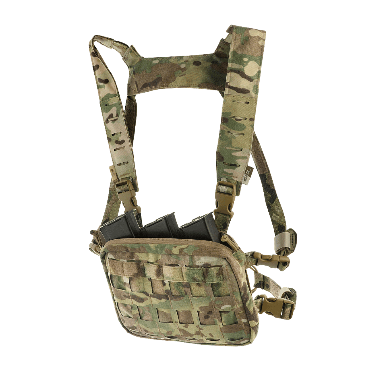 M-Tac Chest Rig Military Elite brysttaske med MOLLE Laser Cut panel i camouflage design, ideel til komfort og alsidighed.