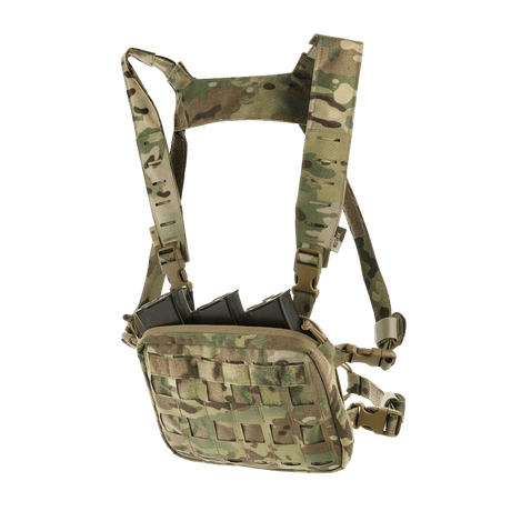 M-Tac Chest Rig Elite brysttaske i camouflage med MOLLE Laser Cut, justerbar H-sele og Velcro til taktisk brug, NIJ-certificeret, galleri position 1.