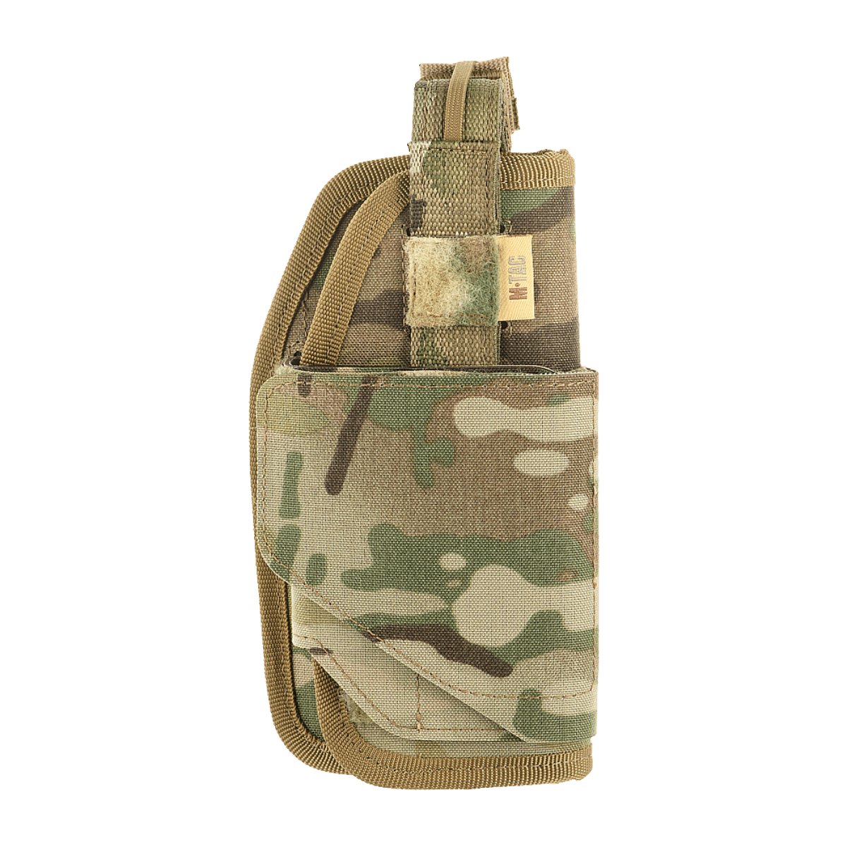 M-Tac Universal Taktisk Hylster Elite Højre i camo design med justerbar rem og MOLLE-interface til bæltemontering, lavet af Cordura 500D.