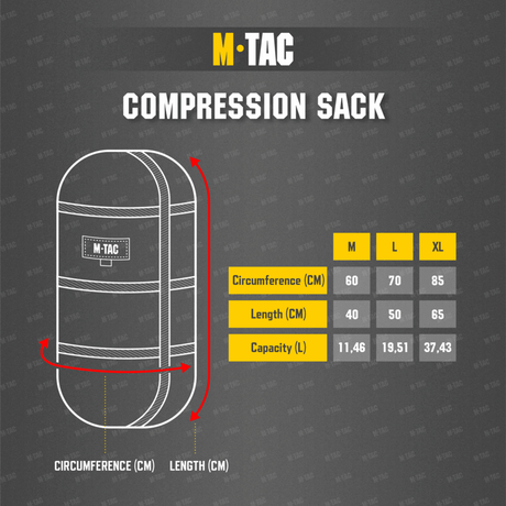 M-Tac kompressionspåse storleksdiagram med mått för omkrets och längd i centimeter. Visar tre olika storlekar M, L och XL.