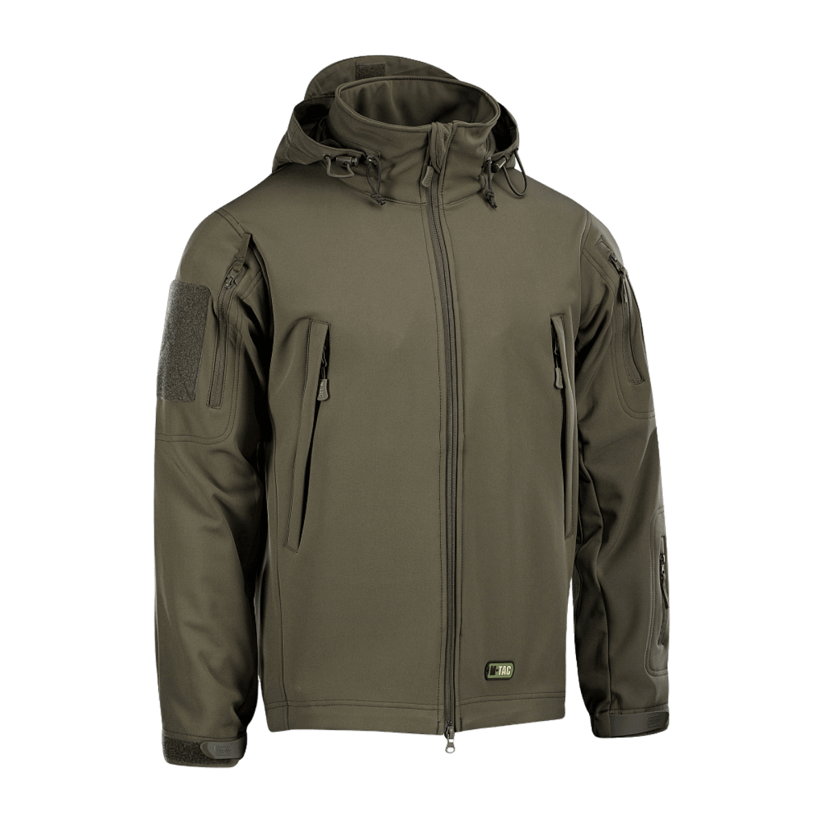 M-Tac Soft Shell Jakke i olive grøn, fugtafvisende jakke med polyuretan-membran og fleece-lag, ideel til vejrbeskyttelse.