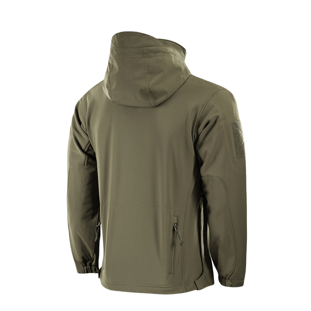 M-Tac Soft Shell Police Jakke med justerbar hætte og identifikationspaneler, designet til at beskytte mod vind og vejr.