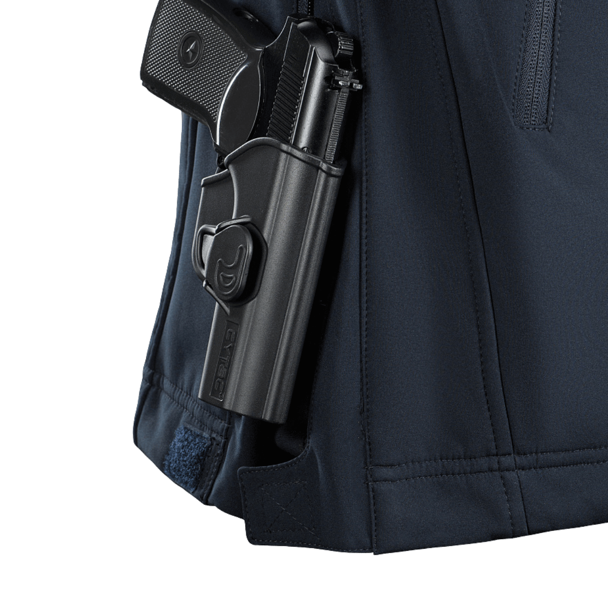 M-Tac Soft Shell Police Jakke med integreret våbenholder, fremviser praktisk design og holdbarhed til politiets brug.