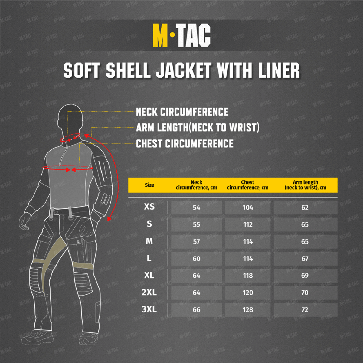 M-Tac Soft Shell Jakke med Liner størrelsesguide og mål - hals, arm, bryst.