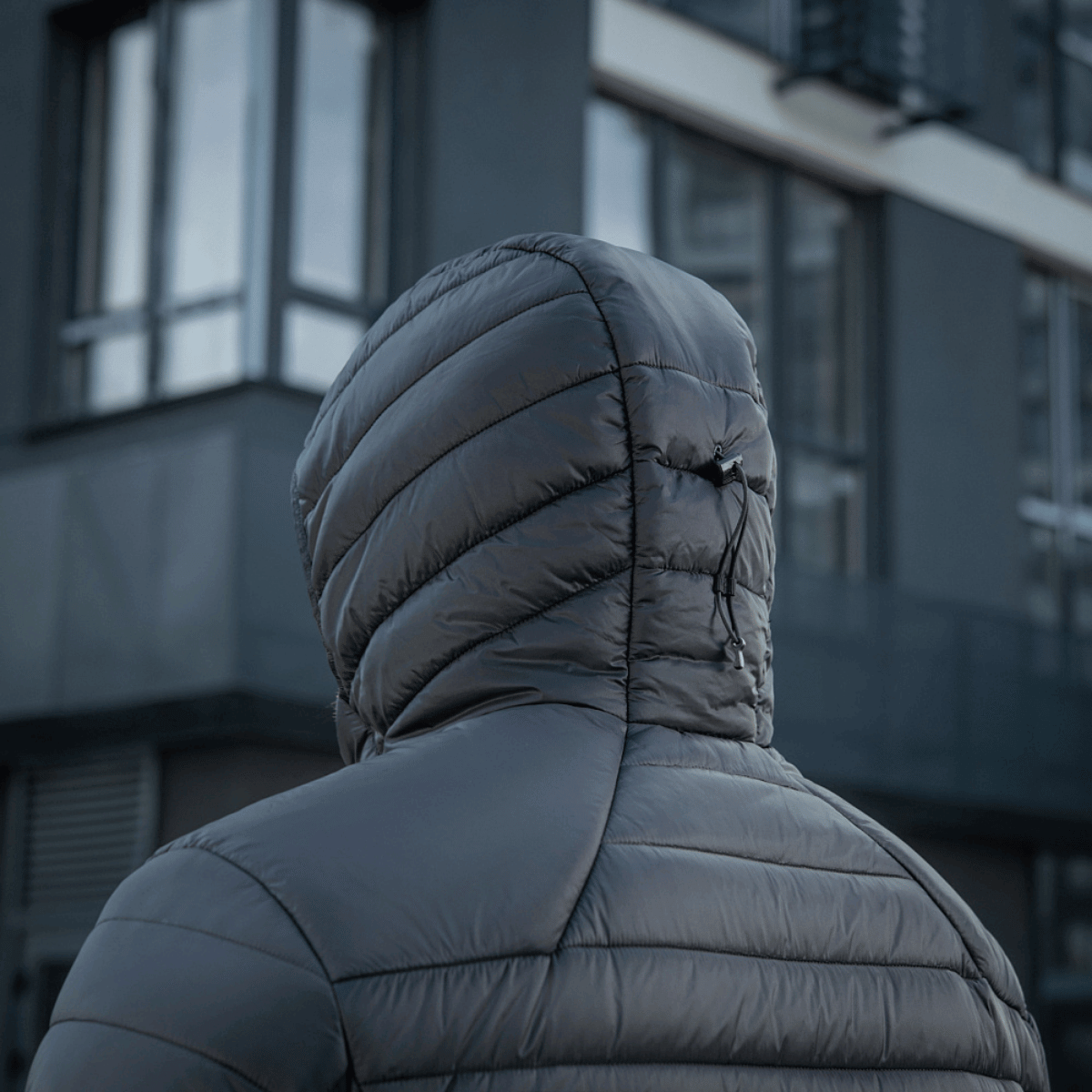 M-Tac Stalker Gen. III Primaloft Jakke med hætte set bagfra mod en urban baggrund.