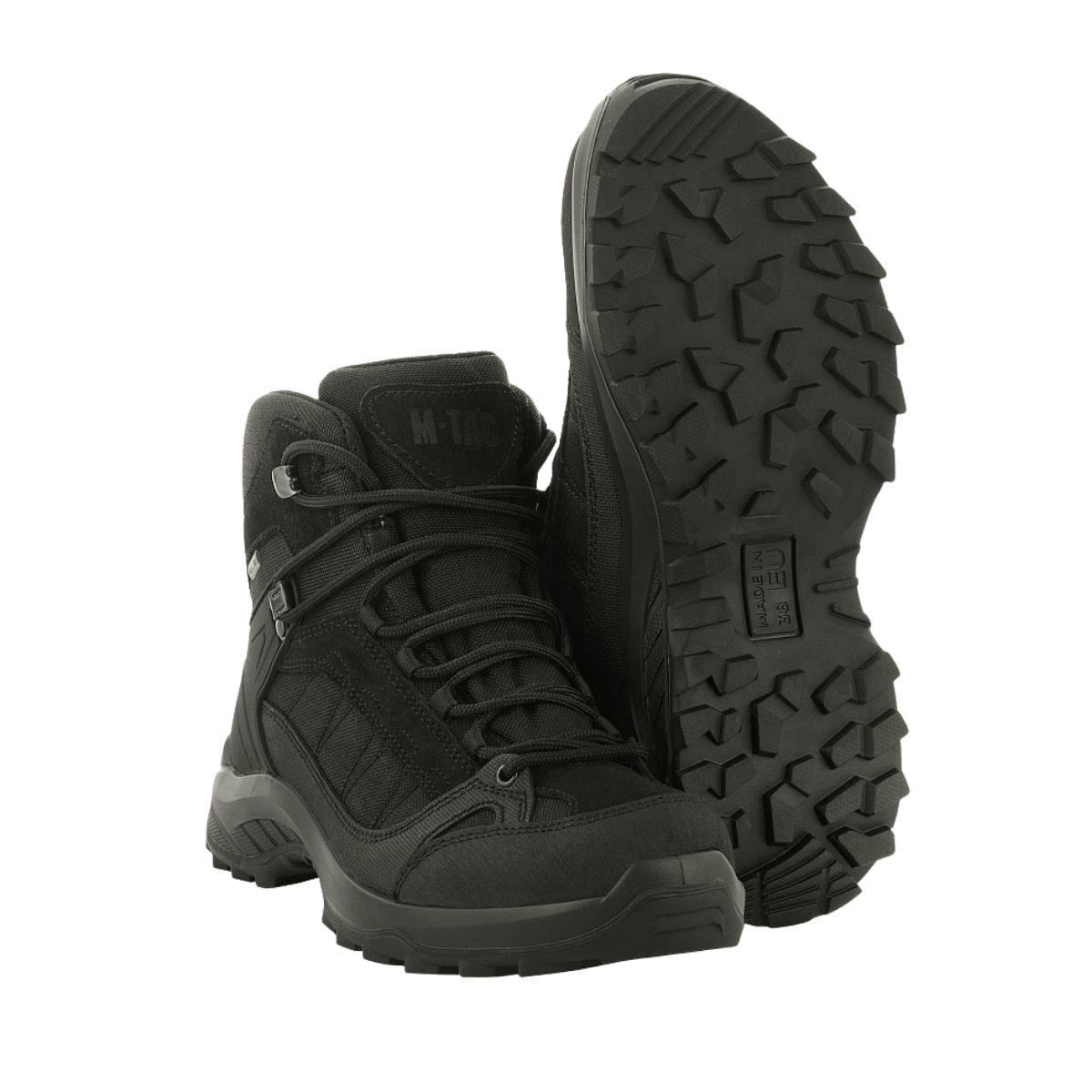 M-Tac Taktiske Sæsonstøvler i sort ruskind med Cordura®, designet til krævende terræn og outdoor-brug, åndbare og slidstærke.