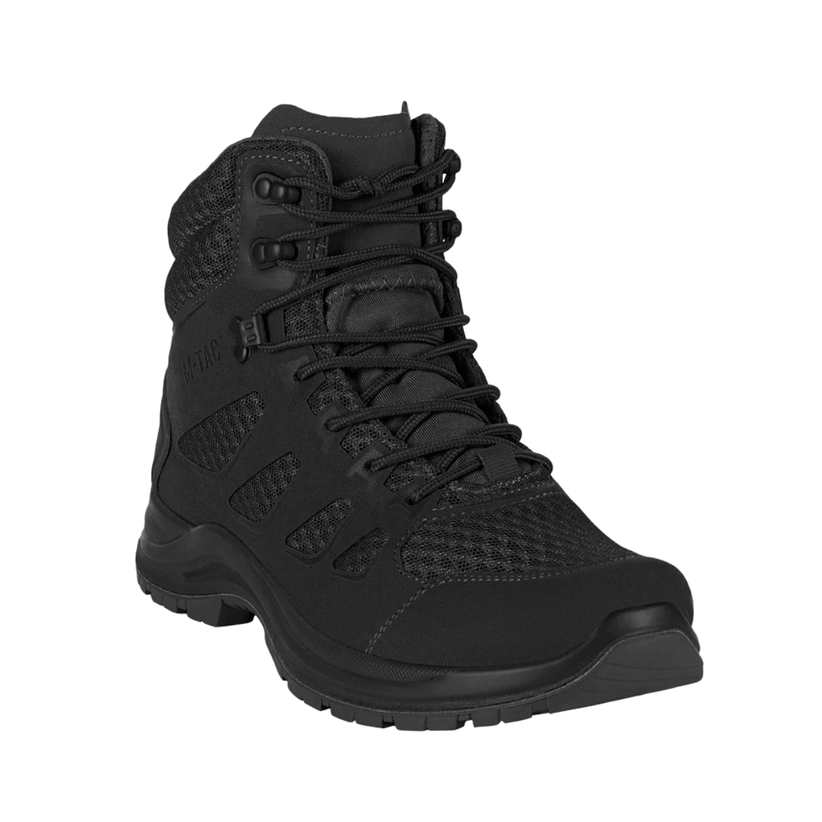 M-Tac Taktiske Sommerstøvler Iva i sort, designet til komfort under varme forhold med åndbart mesh og syntetisk nubuck materiale.