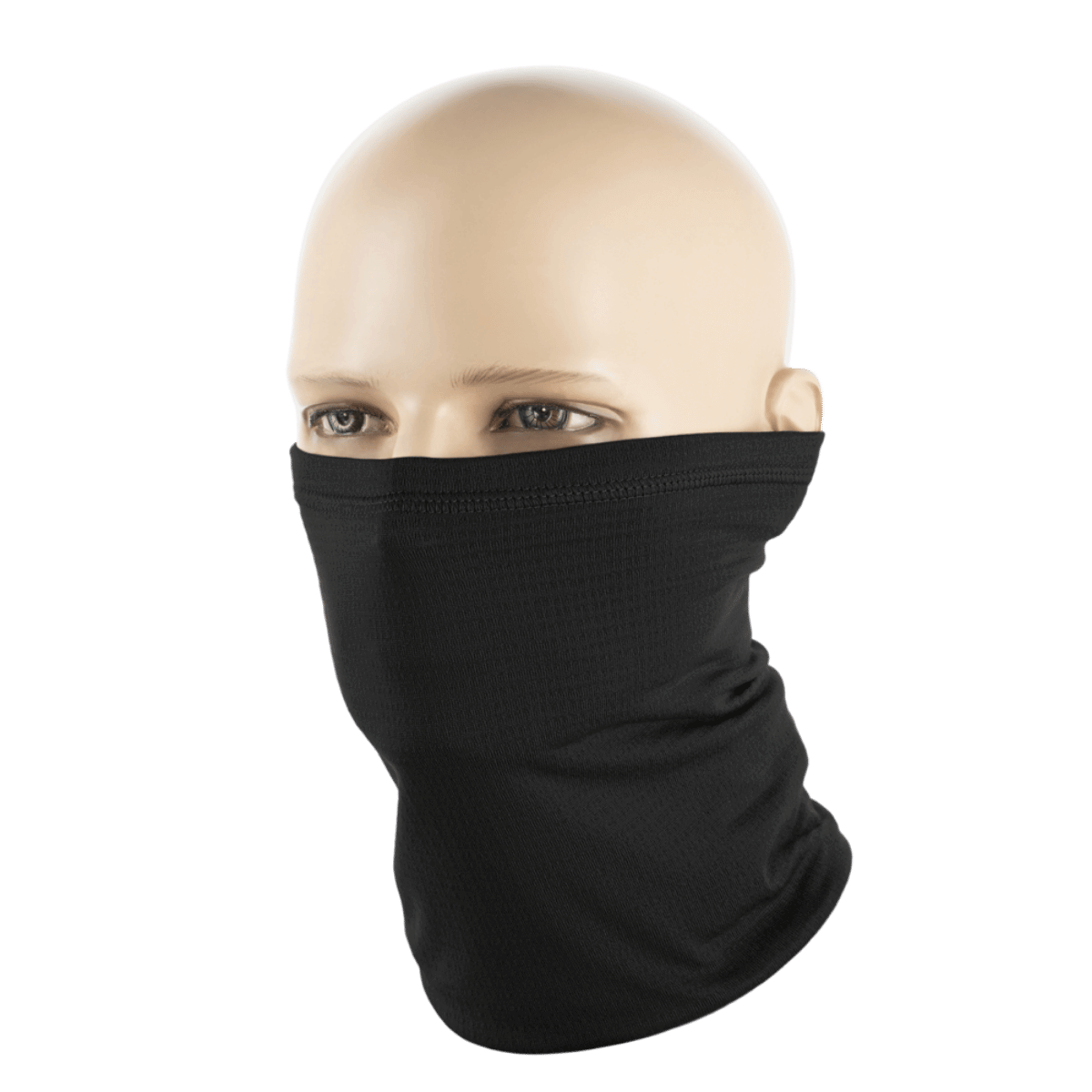 M-Tac Tube Scarf Polartec Power Grid i sort, multifunktionel halsrør til beskyttelse mod vind og kulde, vises på mannequin i studie.